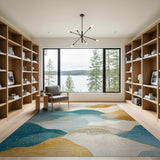 Abstract Teal Wave Rug with Gold Accents