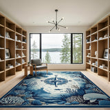 Blue Nautical Compass Coastal Area Rug