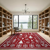 Festive Red Pine Tree Snowflake Area Rug