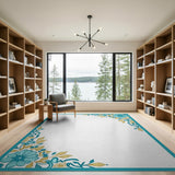Blue and Teal Teal Floral Border Area Rug