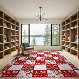 Festive Reindeer Snowflakes Red Patchwork Rug