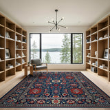 Blue and Teal Navy Persian Area Rug with Red Floral Motifs