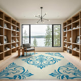 Elegant Blue Damask Floral Cream Area Rug