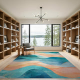 ODIKA Abstract Teal & Peach Wave Washable Area Rug - Low Pile Non-Slip & Pet-Friendly