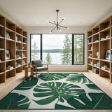 Coastal Beach Lush Green Monstera Leaves Area Rug