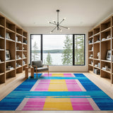 Vibrant Blue Pink Yellow Brushstroke Striped Area Rug