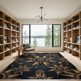 Black Gold Celestial Sunburst Mandala Rug