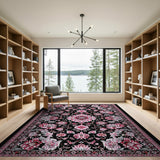 Pink Floral Persian Area Rug on Black