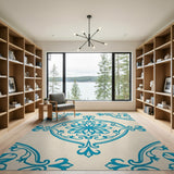 Blue Floral Medallion Area Rug on Cream