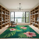 Teal Hibiscus Palm Leaves Coastal Area Rug