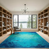 Deep Ocean Blue Teal Area Rug with Fish Seaweed