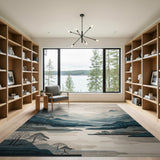 Teal Misty Mountain Landscape Area Rug