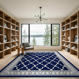 Navy Trellis Geometric Area Rug with Ornate Border