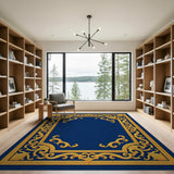 Ornate Gold Filigree Navy Blue Area Rug