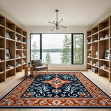 Elegant Navy Persian Rug with Red Baroque Border