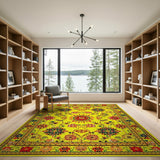 Vibrant Yellow Persian Area Rug with Sunburst Floral Motifs
