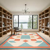 Teal Geometric Coral Border Area Rug