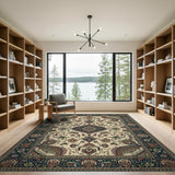 Ivory Traditional Persian Floral Area Rug with Navy Border