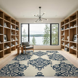 Navy Damask Floral Area Rug