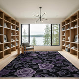 ODIKA Vintage Purple Rose Washable Rug - Gothic Floral Low Pile Non-Slip Area Carpet