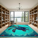 Twin Sea Turtles Teal Blue Coastal Rug