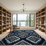 Navy Blue Heritage Tribal Feather Diamond Rug