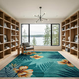 Teal Hibiscus and Palm Leaf Coastal Area Rug