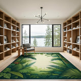 Washable Green Tropical Jungle Botanical Low Pile Area Rug