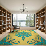 Teal Mandala Persian Area Rug on Yellow