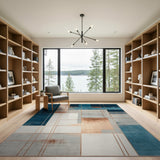 Washable Modern Abstract Geometric Area Rug - Blue & Copper, Low Pile