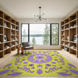 Purple Floral Mandala on Vibrant Yellow Rug