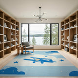 Whimsical Blue Airplane Clouds Stars Kids Area Rug