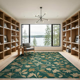 Vintage Teal Green Leaf Floral Area Rug