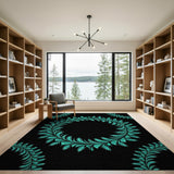 Teal Fern Wreath Area Rug on Black