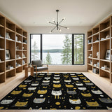 Whimsical Gold Cat Faces Black Area Rug