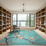 ODIKA Washable Cherry Blossom Area Rug - Teal Floral Low Pile Non-Slip Rug