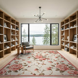 Vintage Pink Rose Floral Area Rug on Cream