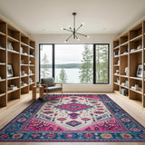 Vibrant Multi-Color Persian Area Rug with Pink Medallion