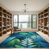 Blue Teal Palm Leaf Washable Area Rug