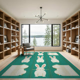 Adorable Cartoon Bunnies Green Grid Rug