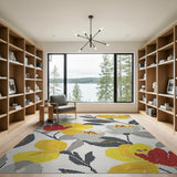 Yellow Red Grey Floral Cross-Stitch Area Rug