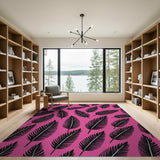 Bold Black Feathers on Vibrant Pink Area Rug