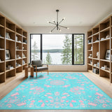 Flamingo Floral Blue Teal Washable Area Rug
