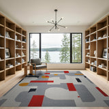 Abstract Geometric Grey Area Rug with Red Orange Accents