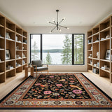 Black Persian Rug with Vibrant Flowers Birds
