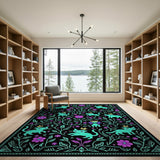 Crowned Teal Cats Floral Garden Area Rug