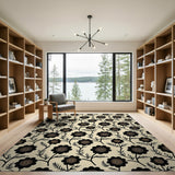 Vintage Black Spiral Floral Beige Area Rug