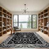 Ornate Black White Floral Scroll Area Rug