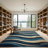 Navy Teal Abstract Wave Area Rug