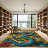 Coiled Blue Dragon with Peonies Clouds Area Rug